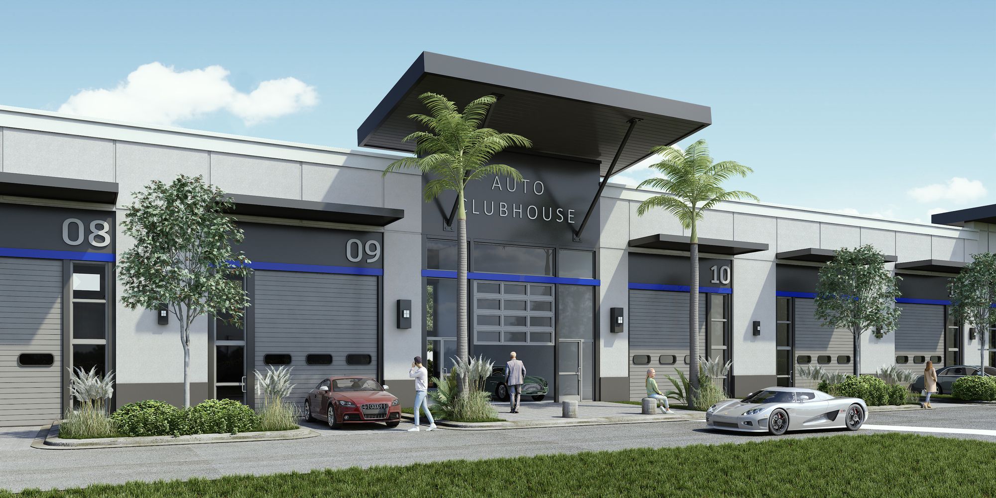 Auto Clubhouse front elevation with units 08, 09 and 10 and the covered entry